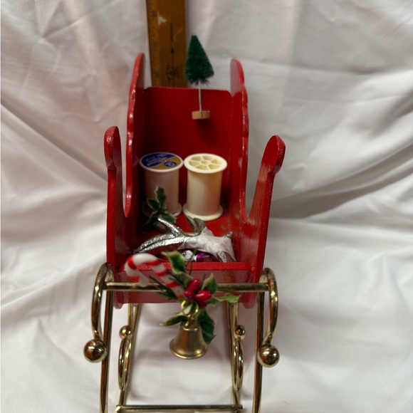 Holiday Red Sleigh with Gold Detailing with 2 reindeer with glittered wreaths - Picture 3 of 10